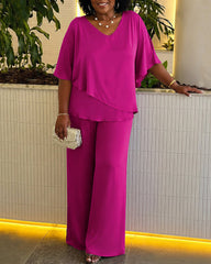 Solid Color V-neck Irregular Hem Casual Suit