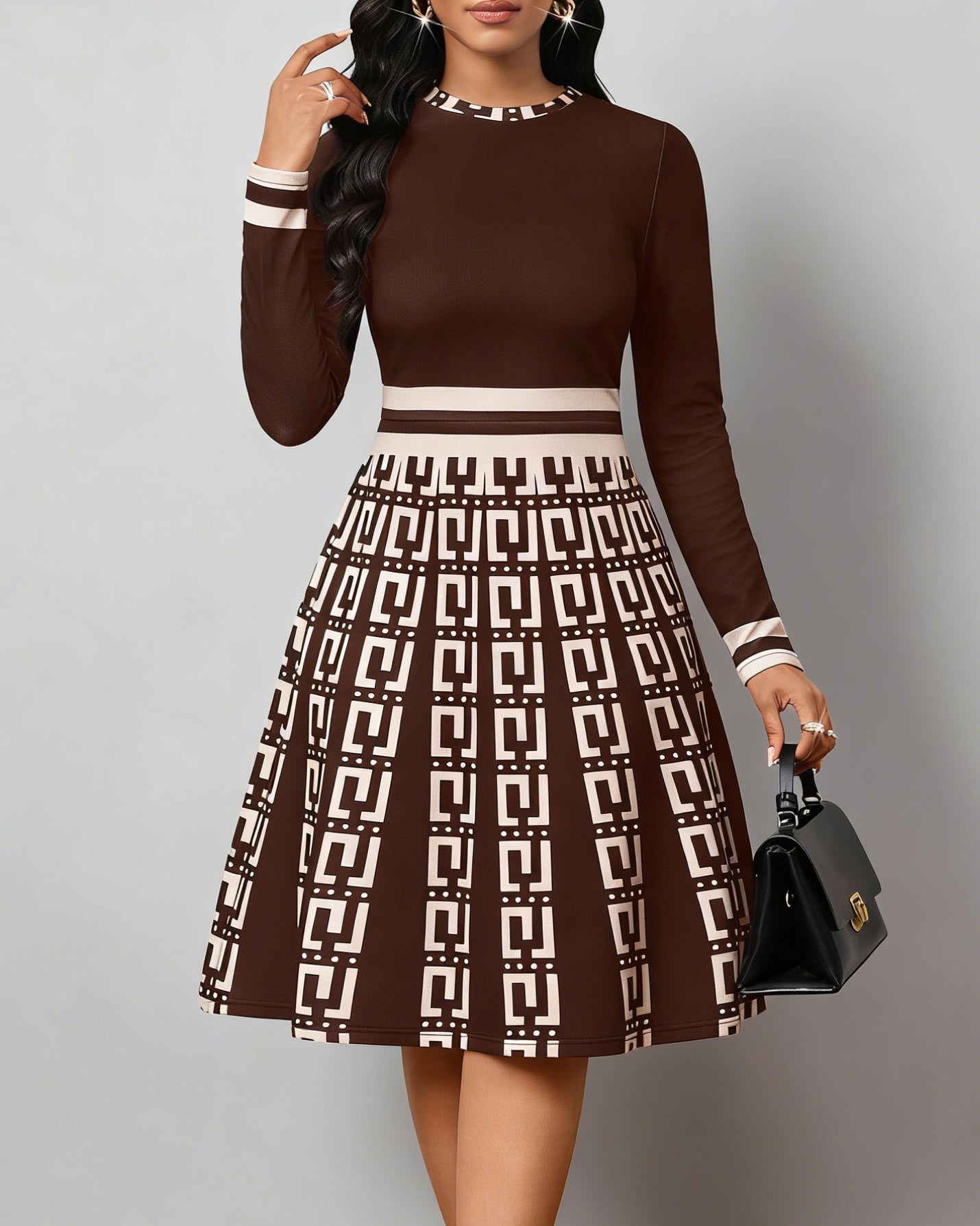 Elegant Striped Geometric Curve Patchwork Round Neck Long Sleeves Midi Dress