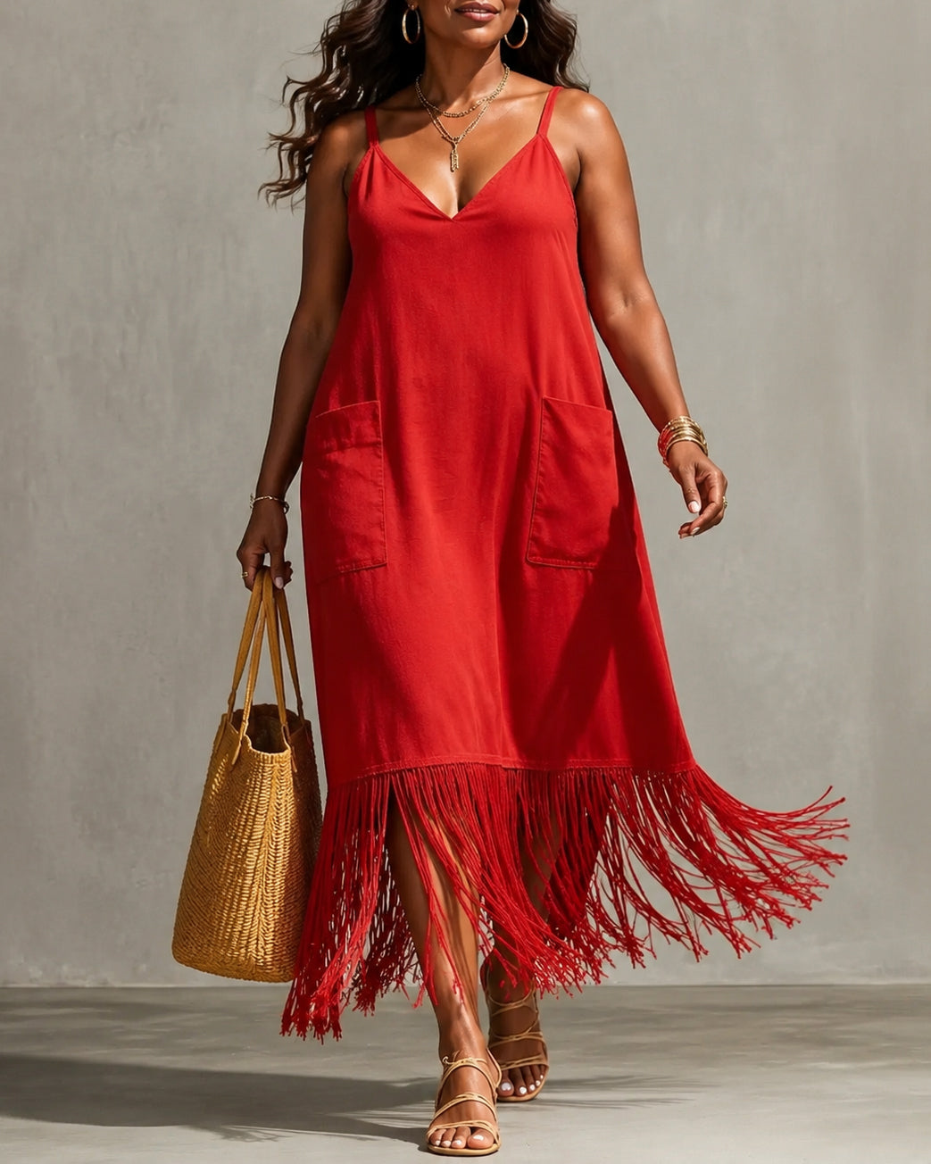 V-Neck Cami Dress with Pockets and Fringe Hem