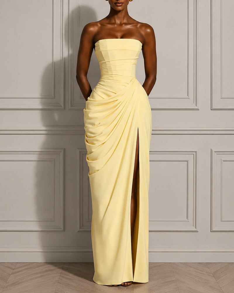 Back Lace-up Asymmetrical Pleats Strapless Slit Maxi Dress