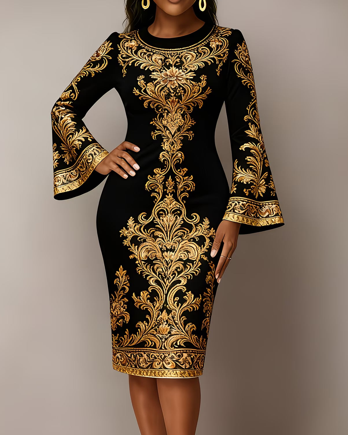 Golden Elegant Flowers Flared Sleeves Mini Dresses