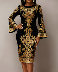 Golden Elegant Flowers Flared Sleeves Mini Dresses