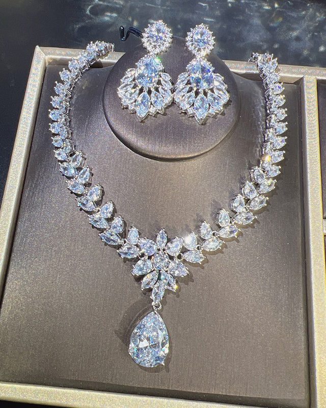 Crystal & Moissanite Pendant Necklace + Earrings Jewelry Set