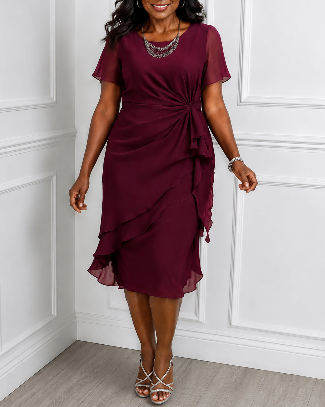 Spliced chiffon Short-Sleeve Fitted-Waist Solid Midi Dress