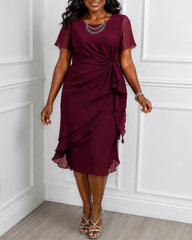 Spliced chiffon Short-Sleeve Fitted-Waist Solid Midi Dress