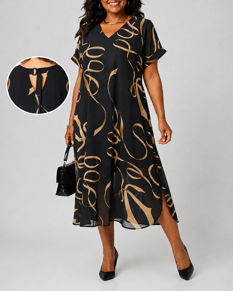 Women's Elegant Printed V-neck Chiffon Dress