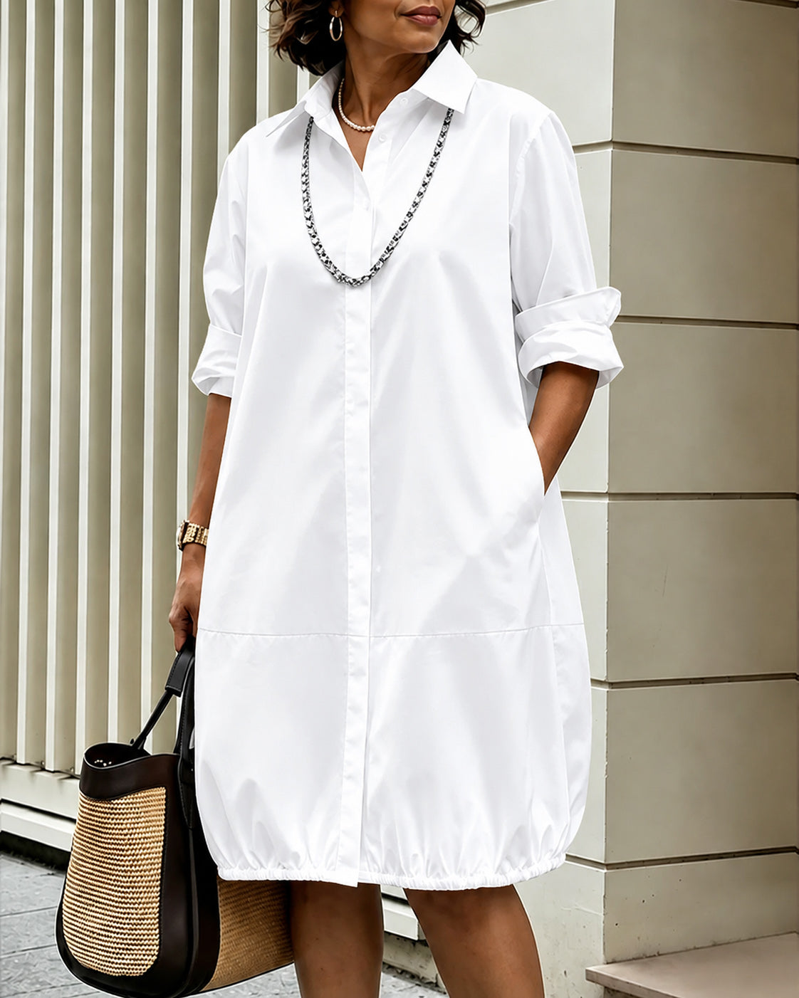 Solid Color Long Sleeves Loose Buttoned Pockets Lapel Midi Dresses