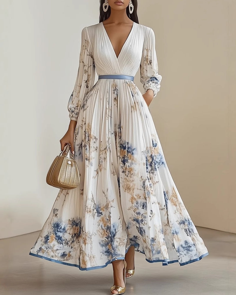 V-neck Lantern Sleeve High-waisted Pleated Dress