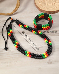 Set of 2 Bohemian Necklaces And Bracelets Featuring Vibrant, Multi-Colored Wooden Beads in Red, Yellow, And Green