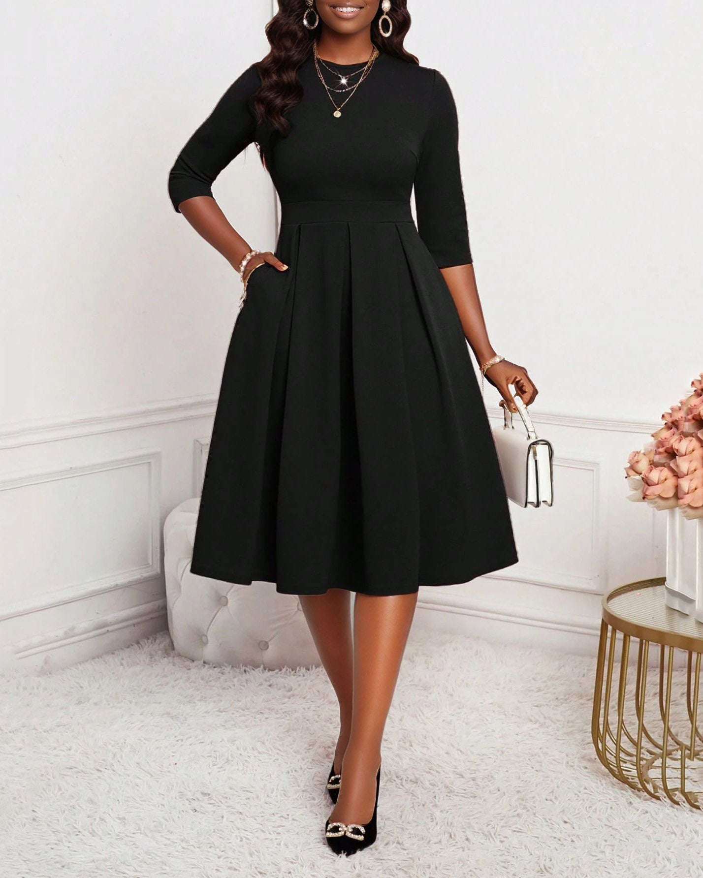 Elegant Solid Color Round Neck Long Sleeves Midi Dress