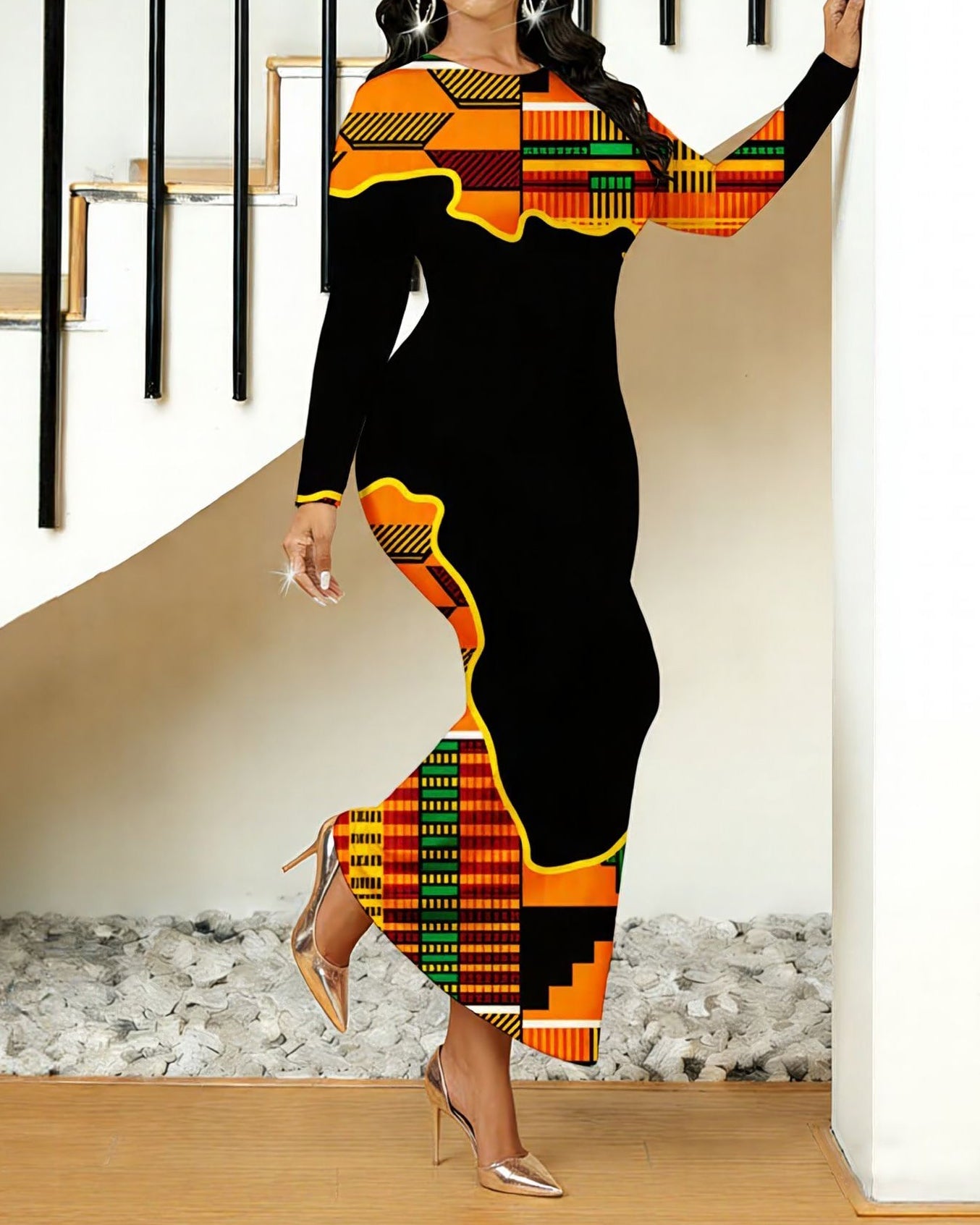 Orange Color African Ethnic Print Round Neck Long Sleeve Bodycon Dress