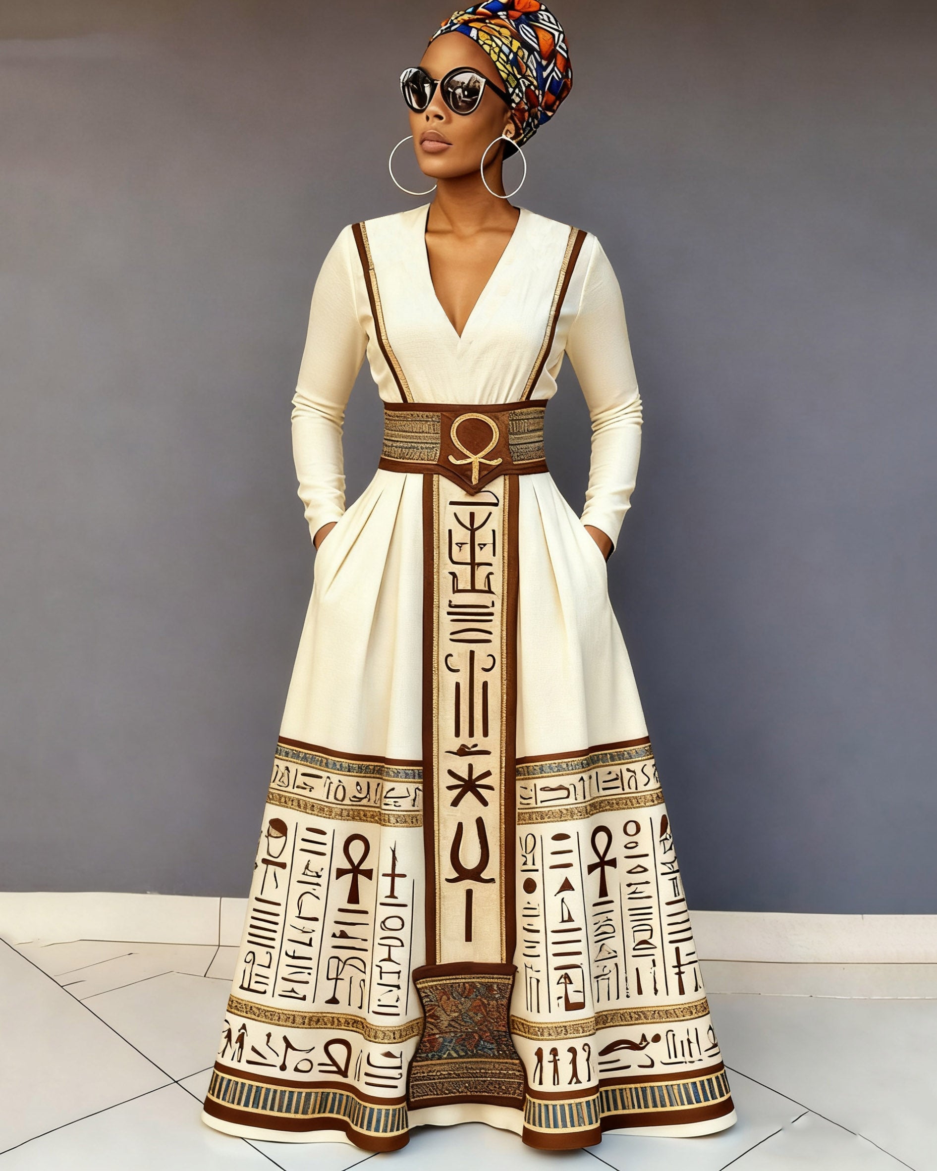 Ancient Egyptian Anka Geometric Long Sleeve V-Neck Maxi Dress