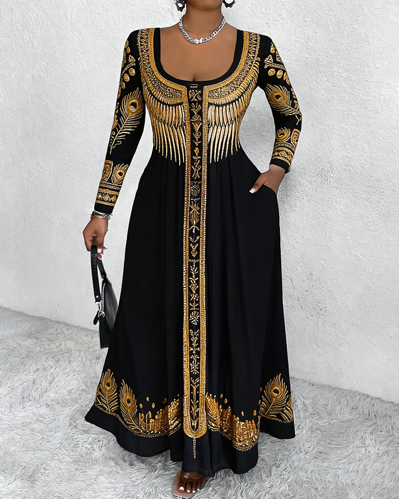 U-neck Golden Feathers Print Pocket Long Sleeves Maxi Dress