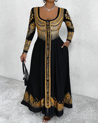 U-neck Golden Feathers Print Pocket Long Sleeves Maxi Dress