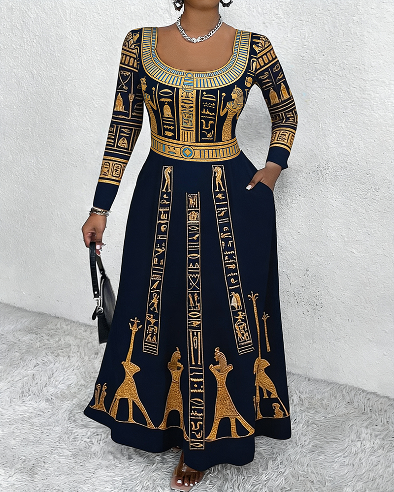 U-neck Egyptian Goddess Symbol Pocket Long Sleeves Maxi Dress