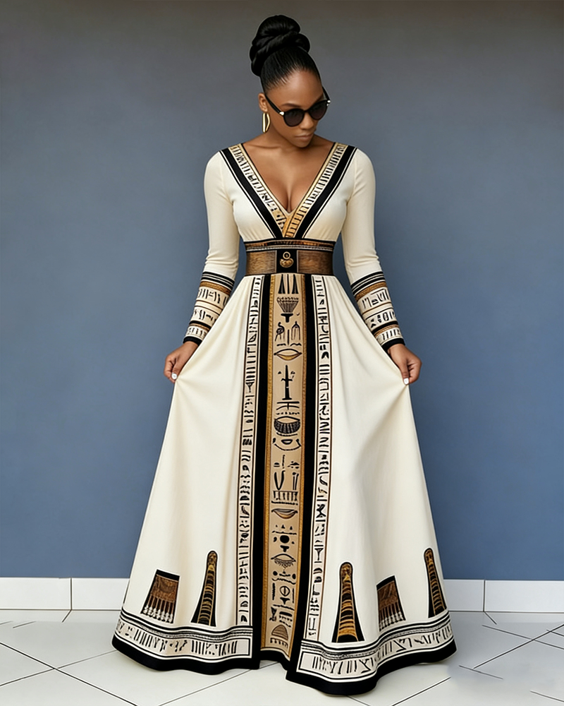 V-Neck Retro Black Cultural Totems Long-Sleeved Maxi Dress