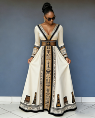 V-Neck Retro Black Cultural Totems Long-Sleeved Maxi Dress