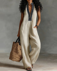 Women's Minimalist Linen Blend Sleeveless Jumpsuit With Zipper And Stand Collar