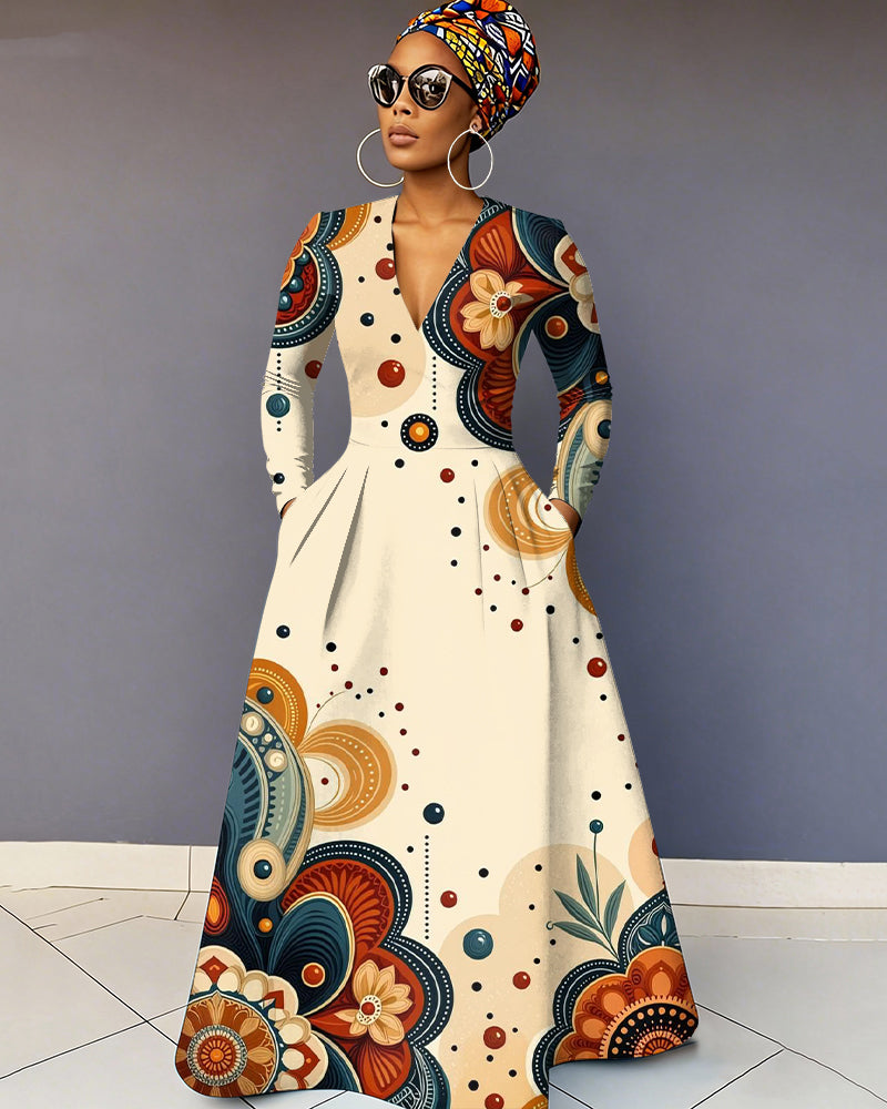 V-Neck Black Culture Bohemian Flower Long Sleeve Maxi Dress