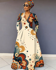 V-Neck Black Culture Bohemian Flower Long Sleeve Maxi Dress