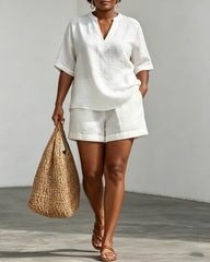 Linen V-neck Short-sleeved Top and Shorts Two-piece Set