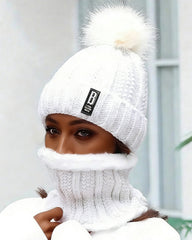 2pcs/Set Women Winter Beret Hat And Pom Pom Fleece Lined Neck Warmer Scarf Set