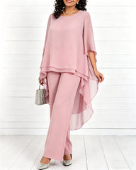 Solid Color Round Neck Chiffon Long Top and Straight Leg Pants Two-piece Set