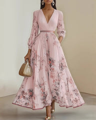 V-neck Lantern Sleeve High-waisted Pleated Dress