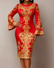 Golden Elegant Flowers Flared Sleeves Mini Dresses