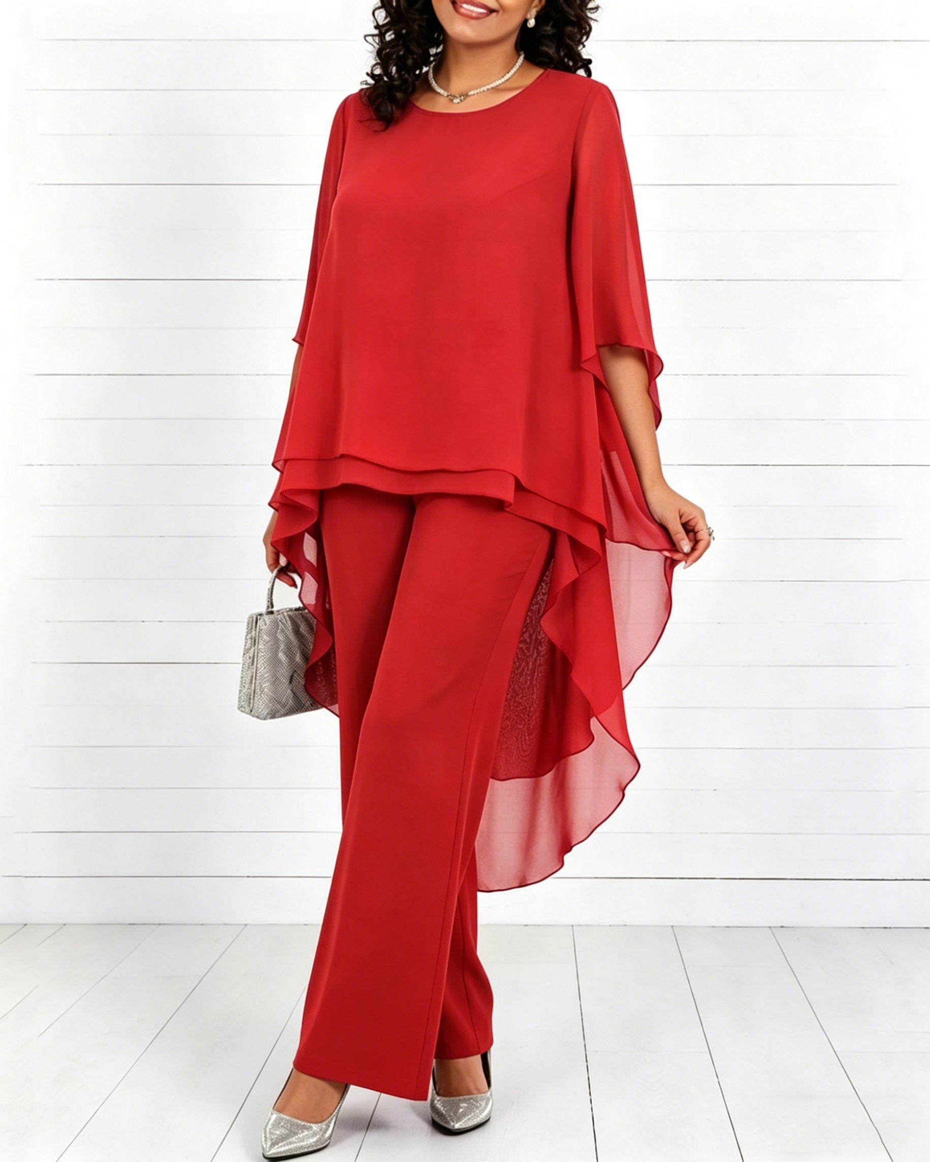 Solid Color Round Neck Chiffon Long Top and Straight Leg Pants Two-piece Set