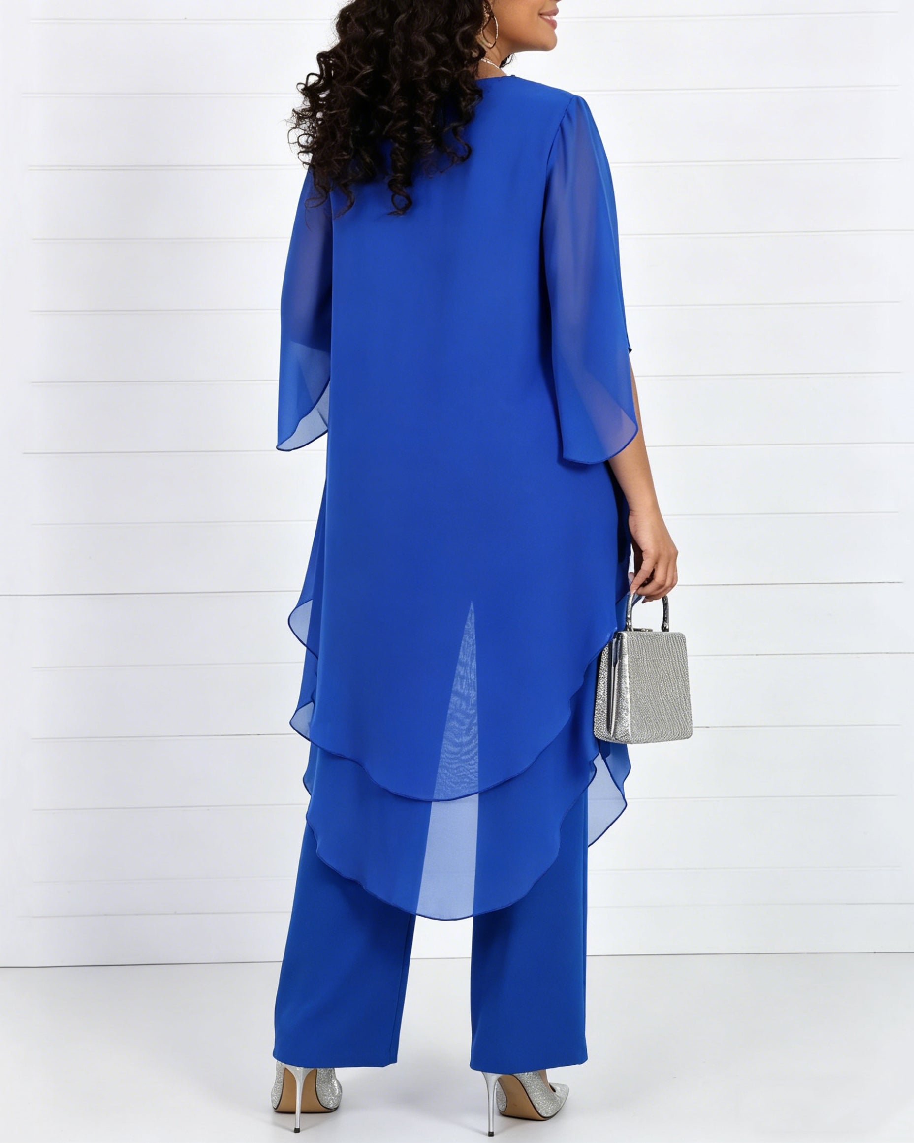 Solid Color Round Neck Chiffon Long Top and Straight Leg Pants Two-piece Set