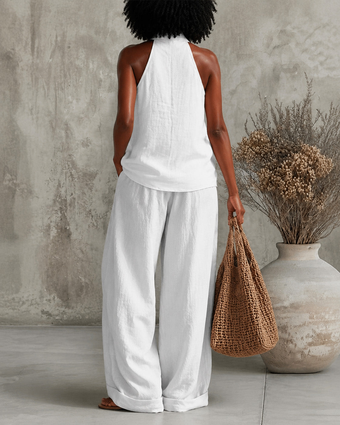 V-neck Cotton Linen Vest and Wide-leg Pants Two-piece Set
