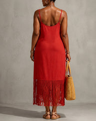 V-Neck Cami Dress with Pockets and Fringe Hem