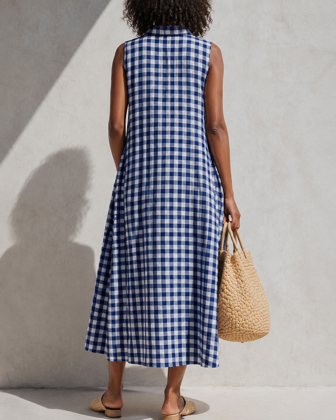 Button Front Collared Classic Plaid Sleeveless Casual Dress