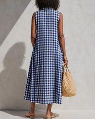 Button Front Collared Classic Plaid Sleeveless Casual Dress