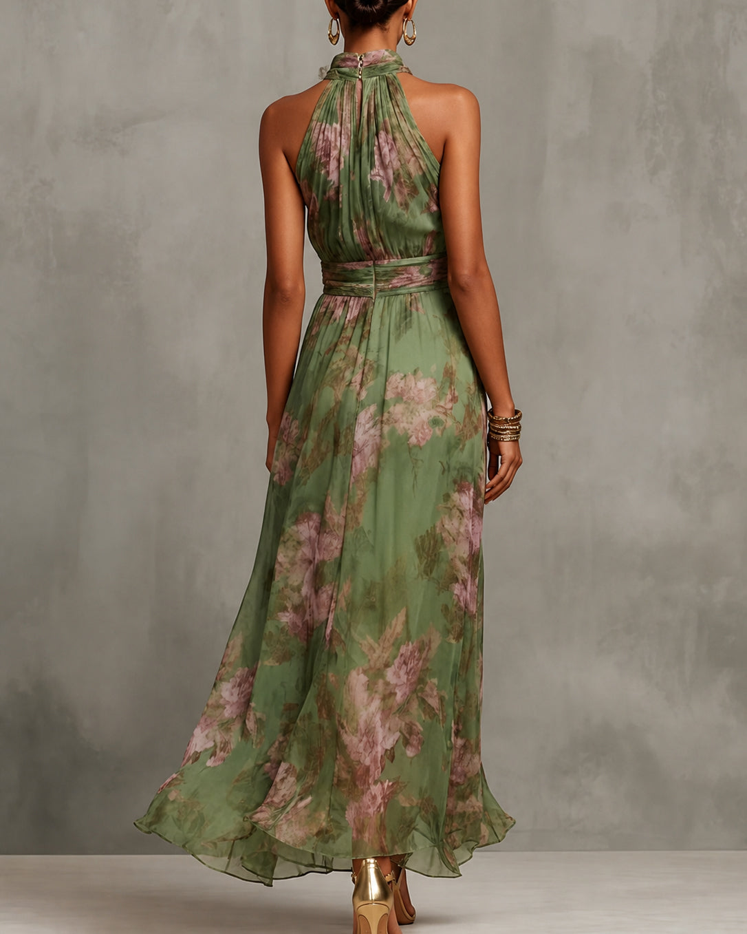 Chiffon Flowers Sleeveless High Waist Floral Print Maxi Dress