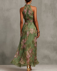 Chiffon Flowers Sleeveless High Waist Floral Print Maxi Dress
