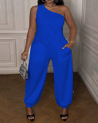 Sleeveless Pockets Solid Color One-Shoulder Jumpsuits