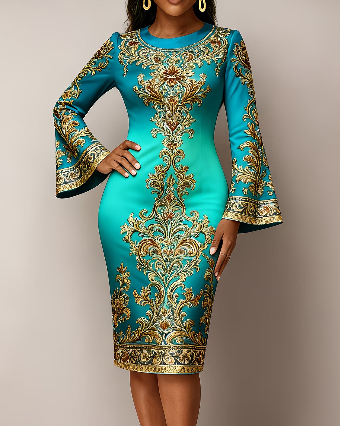Golden Elegant Flowers Flared Sleeves Mini Dresses