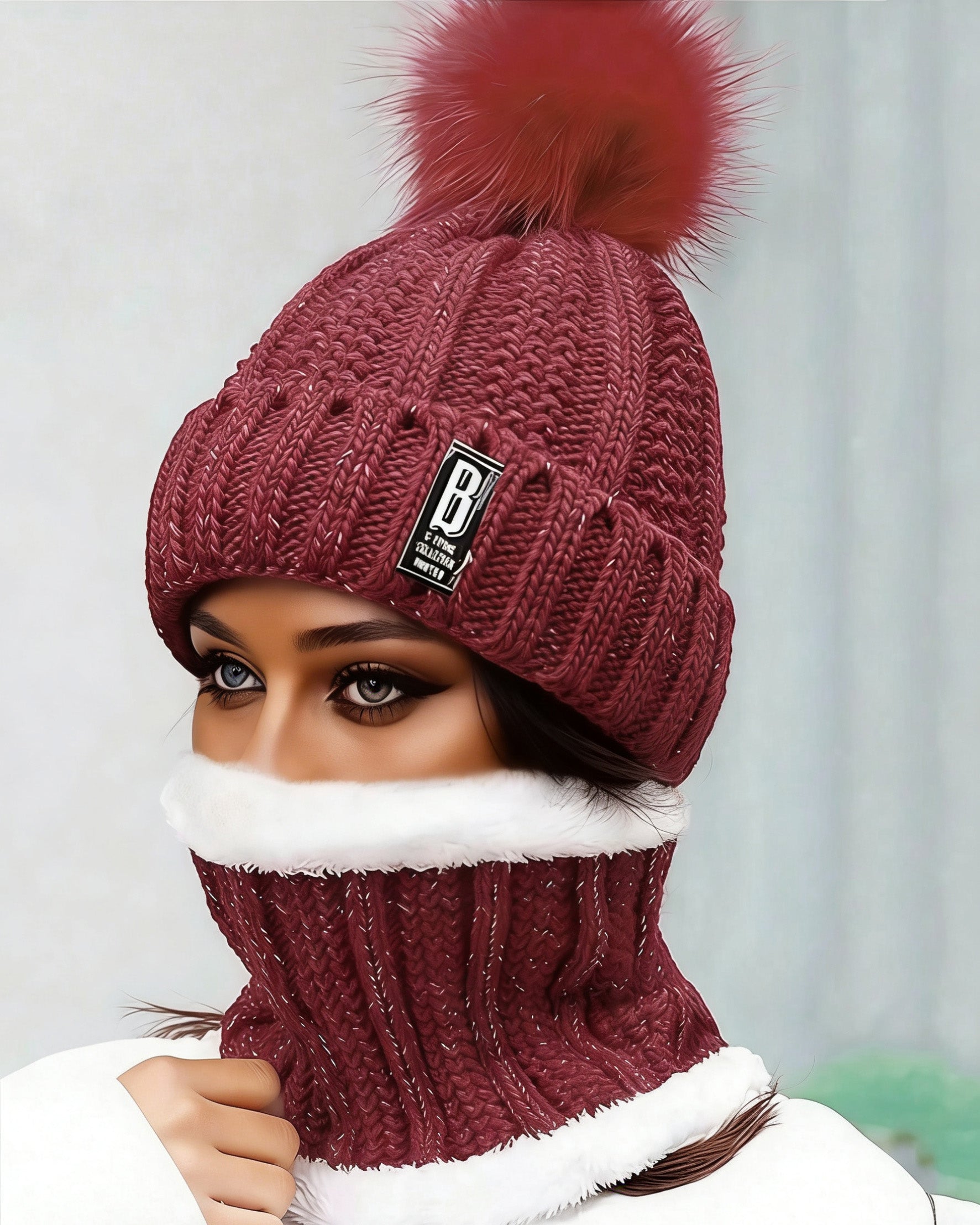 2pcs/Set Women Winter Beret Hat And Pom Pom Fleece Lined Neck Warmer Scarf Set