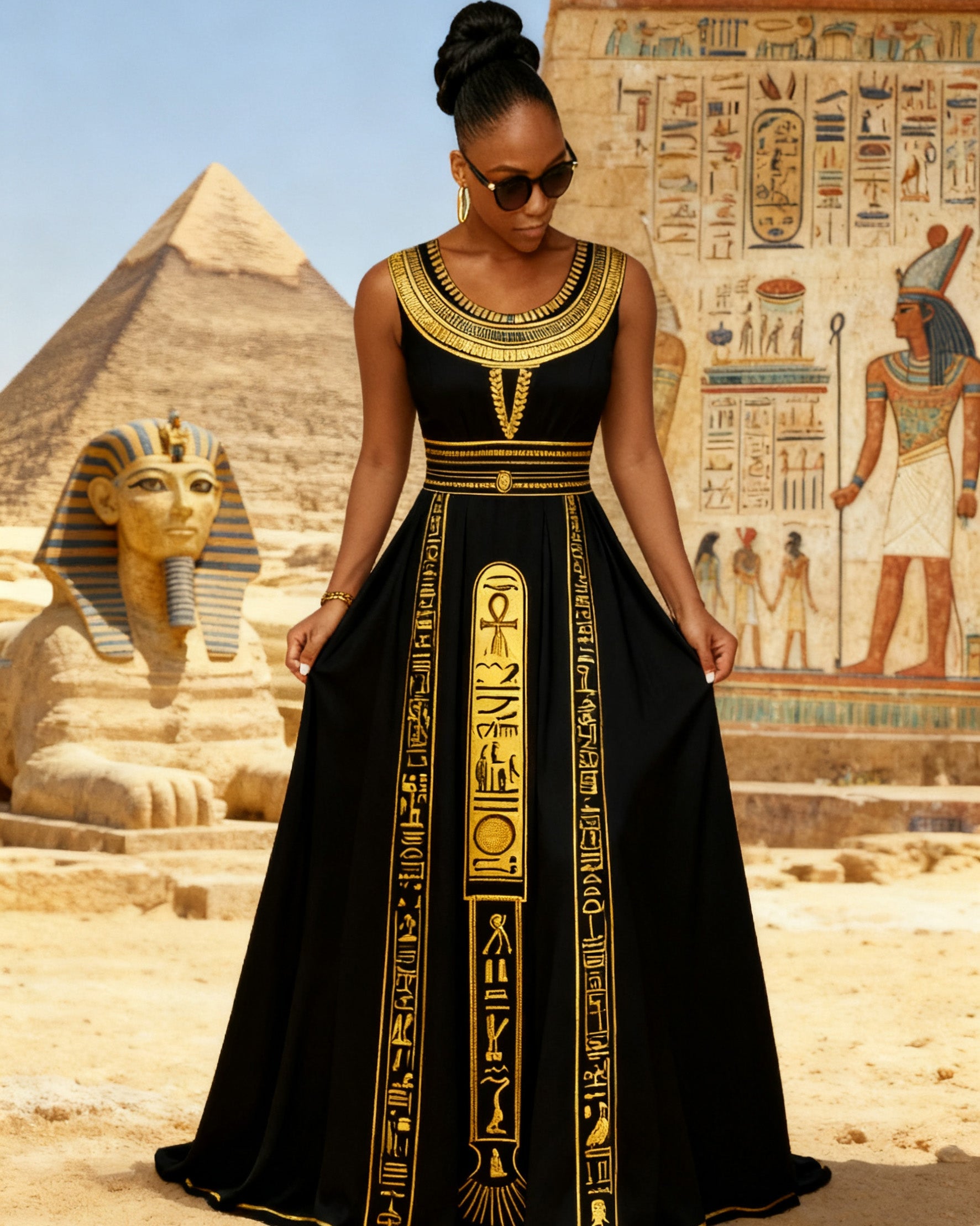 Round Neck Golden Egyptian Totem Striped Sleeveless Maxi Dress