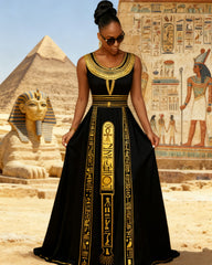 Round Neck Golden Egyptian Totem Striped Sleeveless Maxi Dress
