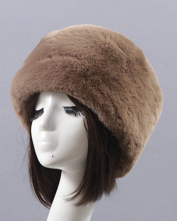 Solid Color Faux Rex Rabbit Fur Round Flat Hat