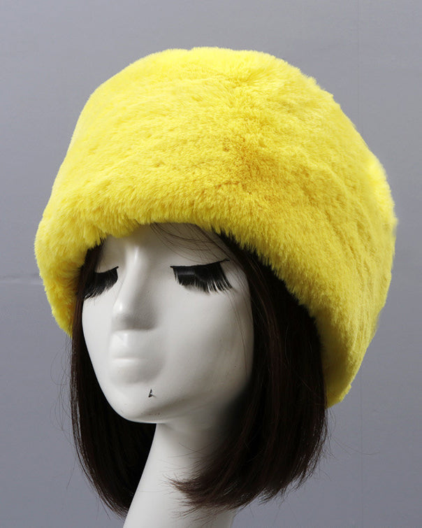 Solid Color Faux Rex Rabbit Fur Round Flat Hat