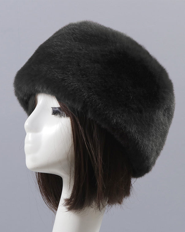Solid Color Faux Rex Rabbit Fur Round Flat Hat