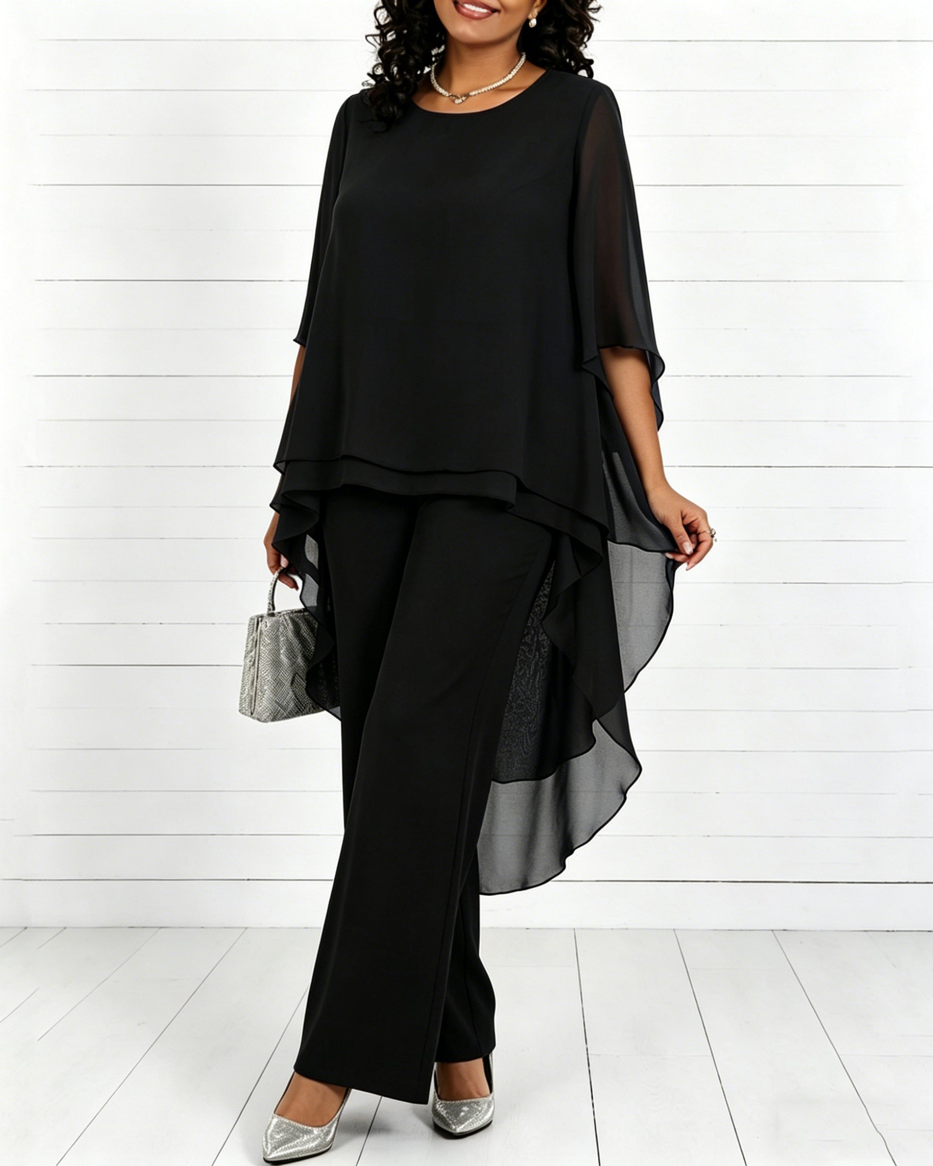 Solid Color Round Neck Chiffon Long Top and Straight Leg Pants Two-piece Set