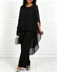 Solid Color Round Neck Chiffon Long Top and Straight Leg Pants Two-piece Set