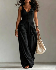 V-neck Sleeveless Wide-leg Jumpsuit with Pockets
