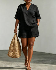 Linen V-neck Short-sleeved Top and Shorts Two-piece Set