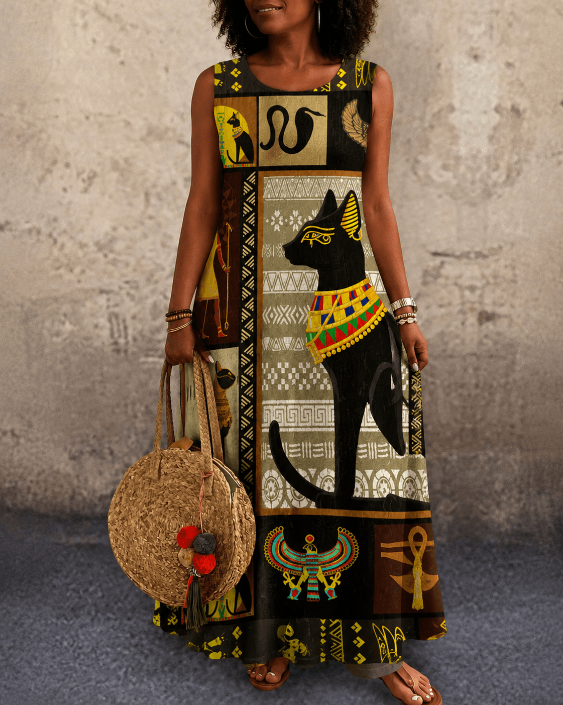 Egyptian Cats and the Sun God Print Round Neck Pocket Casual Dress